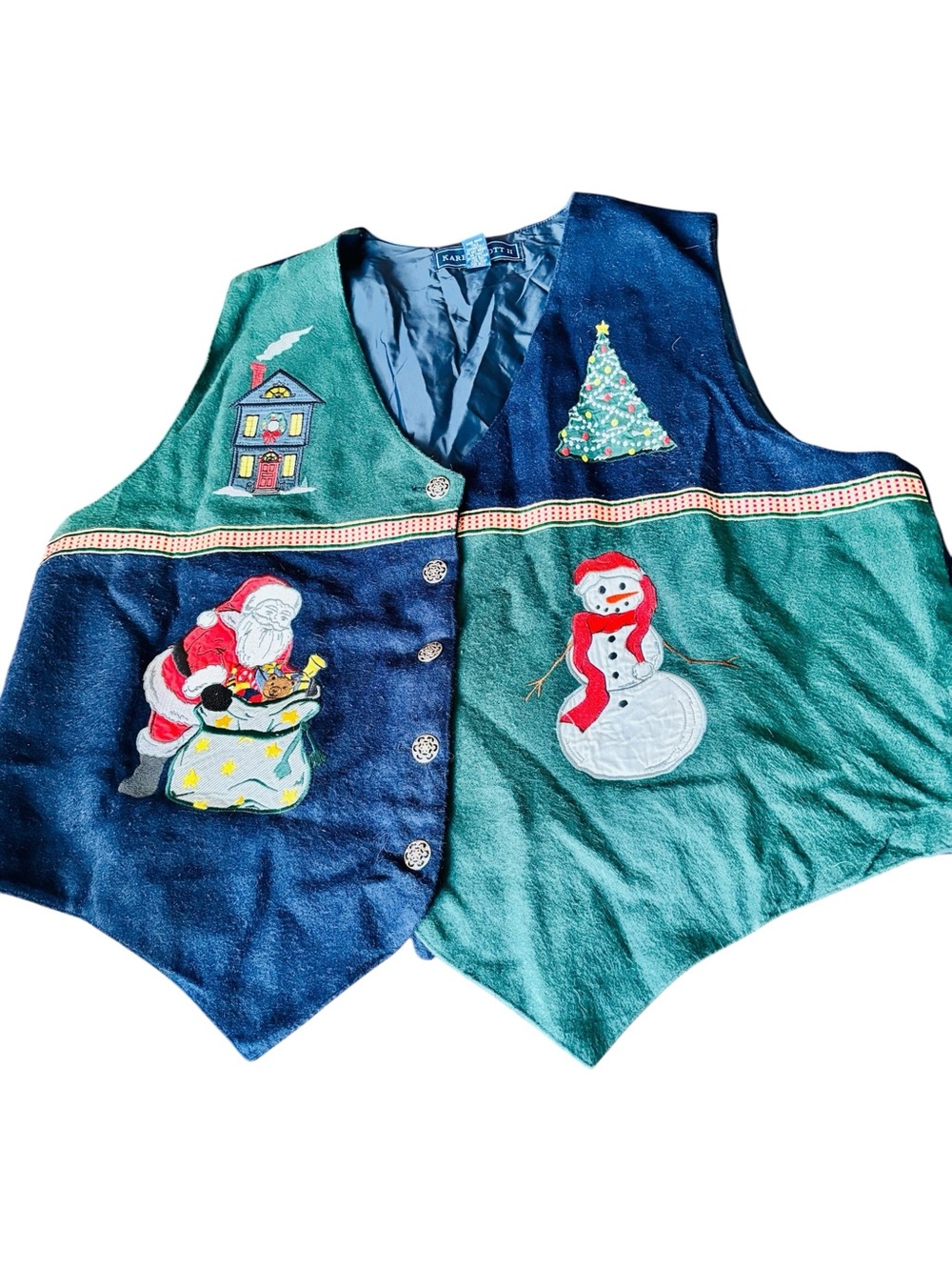 Vintage 90s Karen Scott Blue and Green Seasonal Christmas Vest, Granny Core